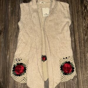 MyEsper Ivory Sleeveless Sweater Cardigan with Floral Crochet Rose Soft Layers
